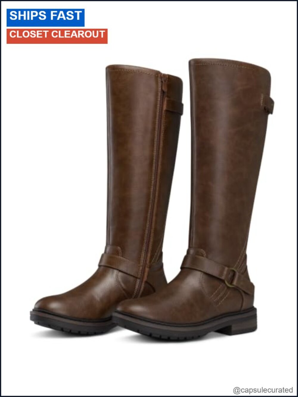 Women's Knee High Boots Low Heel Round Toe Faux Leather